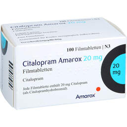 Abbildung: Citalopram Amarox 20 mg Filmtabletten 100 St, Filmtabletten PZN 17907520