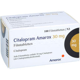 Abbildung: Citalopram Amarox 30 mg Filmtabletten 100 St, Filmtabletten PZN 17907566