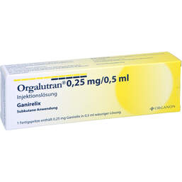 Abbildung: Orgalutran 0,25 mg / 0,5 ml Injektionslösung in einer Fertigspritze  1X1 St, Injektionslösung PZN 17919405