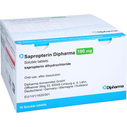 Abbildung: Sapropterin Dipharma 100 mg Tabletten Her.Lösung zum Einnehmen  30 St, Tablette zur Herstellung einer Lösung zum Einnehmen PZN 17920302