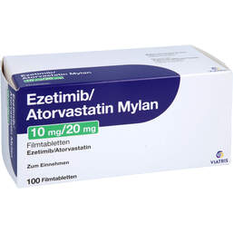 Abbildung: Ezetimib / Atorvastatin Mylan 10 mg / 20 mg Filmtabletten  100 St, Filmtabletten PZN 17925216