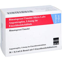 Abbildung: Bimatoprost / Timolol Micro Labs 0,3 + 5 mg / ml Atr Edb 30X0.4 ml, Augentropfen PZN 17931808