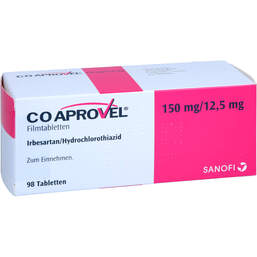 Abbildung: Coaprovel 150 mg / 12,5 mg Filmtabletten 98 St, Filmtabletten PZN 17947011