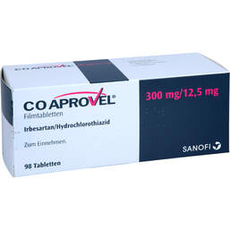 Abbildung: Coaprovel 300 mg / 12,5 mg Filmtabletten 98 St, Filmtabletten PZN 17947028