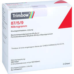 Abbildung: Trimbow 87 µg / 5 µg / 9 µg 120 Hub Druckgasinhalation 3 St, Dosieraerosol PZN 17947092