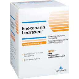 Abbildung: Enoxaparin Ledraxen 6.000 I.E. 60mg / 0,6ml F.Sp. 20 St, Injektionslösung in einer Fertigspritze PZN 17955022