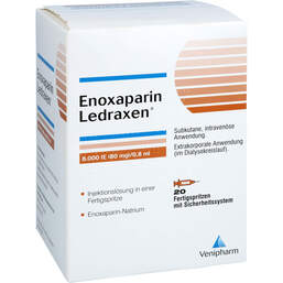 Abbildung: Enoxaparin Ledraxen 8.000 I.E. 80mg / 0,8ml F.Sp. 20 St, Injektionslösung in einer Fertigspritze PZN 17955045