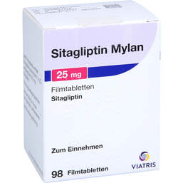 Abbildung: Sitagliptin Mylan 25 mg Filmtabletten 98 St, Filmtabletten PZN 17975349