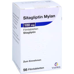 Abbildung: Sitagliptin Mylan 100 mg Filmtabletten 98 St, Filmtabletten PZN 17975390