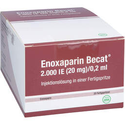 Abbildung: Enoxaparin Becat 2.000 I.E. 20mg / 0,2ml Injektionslösung FS 20 St, Injektionslösung in einer Fertigspritze PZN 17976320