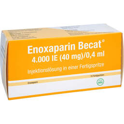 Abbildung: Enoxaparin Becat 4.000 I.E. 40mg / 0,4ml Injektionslösung FS 10 St, Injektionslösung in einer Fertigspritze PZN 17976337