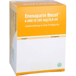 Abbildung: Enoxaparin Becat 4.000 I.E. 40mg / 0,4ml Injektionslösung FS 20 St, Injektionslösung in einer Fertigspritze PZN 17976366