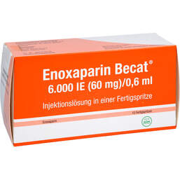Abbildung: Enoxaparin Becat 6.000 I.E. 60mg / 0,6ml Injektionslösung FS 10 St, Injektionslösung in einer Fertigspritze PZN 17976389