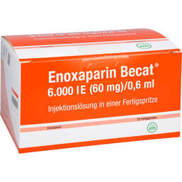 Abbildung: Enoxaparin Becat 6.000 I.E. 60mg / 0,6ml Injektionslösung FS 20 St, Injektionslösung in einer Fertigspritze PZN 17976395
