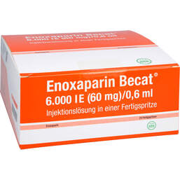 Abbildung: Enoxaparin Becat 6.000 I.E. 60mg / 0,6ml Injektionslösung FS 24 St, Injektionslösung in einer Fertigspritze PZN 17976403