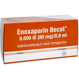 Abbildung: Enoxaparin Becat 8.000 I.E. 80mg / 0,8ml Injektionslösung FS 10 St, Injektionslösung in einer Fertigspritze PZN 17976432