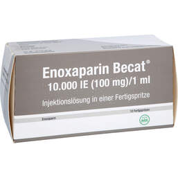 Abbildung: Enoxaparin Becat 10.000 I.E. 100mg / ml Injektionslösung FS 10 St, Injektionslösung in einer Fertigspritze PZN 17976478