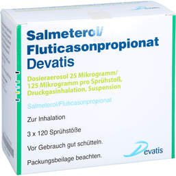 Abbildung: Salmeterol / Fluticasonpropionat Devatis 25µg / 125µg 3 St, Dosieraerosol PZN 17976567