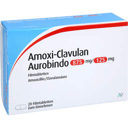 Abbildung: Amoxi-Clavulan Aurobindo 875 mg / 125 mg Filmtabletten  20 St, Filmtabletten PZN 17979005
