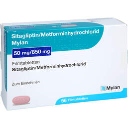 Abbildung: Sitagliptin Metformin-HCL Mylan 50 mg / 850 mg Fta 56 St, Filmtabletten PZN 17987068
