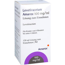 Abbildung: Levetiracetam Amarox 100 mg / ml L.z.E.3ml Dos.Spr. 150 ml, Lösung zum Einnehmen PZN 17991609