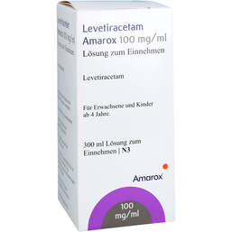 Abbildung: Levetiracetam Amarox 100 mg / ml L.z.E.10ml Dos.Spr. 300 ml, Lösung zum Einnehmen PZN 17991615