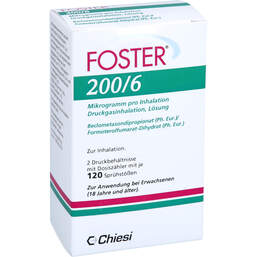 Abbildung: Foster 200 / 6 µg 120 Hub Dosieraerosol 2 St, Dosieraerosol PZN 18010192