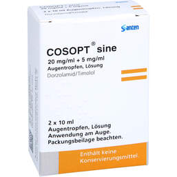 Abbildung: Cosopt sine 20 mg / ml + 5 mg / ml Augentropfen Lösung 2X10 ml, Augentropfen PZN 18026879