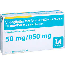 Abbildung: Vildagliptin / Metformin-HCL-1A Pharma 50 / 850mg Fta 30 St, Filmtabletten PZN 18032934