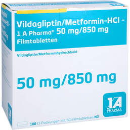 Abbildung: Vildagliptin / Metformin-HCL-1A Pharma 50 / 850mg Fta 180 St, Filmtabletten PZN 18032940