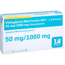 Abbildung: Vildagliptin / Metformin-HCL-1A Pharma 50 / 1000mg Fta 30 St, Filmtabletten PZN 18032957