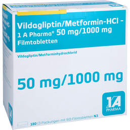 Abbildung: Vildagliptin / Metformin-HCL-1A Pharma 50 / 1000mg Fta 180 St, Filmtabletten PZN 18032986