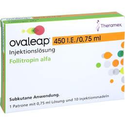 Abbildung: Ovaleap 450 I.E. / 0,75 ml Zyl.Ampulle + 10 Pen Injektion Nad. 1 St, Injektionslösung PZN 18046037