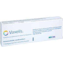 Abbildung: Vaxelis Injektionssuspension in einer Fertigspritze 0.5 ml, Injektionssuspension PZN 18046882