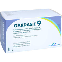 Abbildung: Gardasil 9 Injektionssuspension in einer Fertigspritze 10 St, Injektionssuspension PZN 18047048