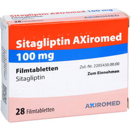 Abbildung: Sitagliptin Axiromed 100 mg Filmtabletten 28 St, Filmtabletten PZN 18058945