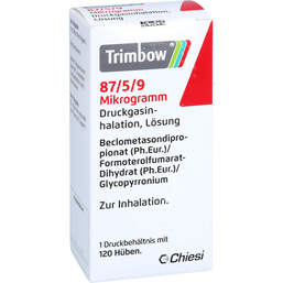 Abbildung: Trimbow 87 µg / 5 µg / 9 µg 120 Hub Druckgasinhalation 1 St, Dosieraerosol PZN 18067447