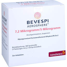 Abbildung: Bevespi Aerosphere 7,2 µg / 5 µg Dru.Gasinh.3x120Hub 3 St, Dosieraerosol PZN 18104065