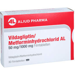 Abbildung: Vildagliptin / Metforminhydrochlorid AL 50mg / 1000mg 30 St, Filmtabletten PZN 18106265