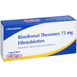 Abbildung: Risedronat Theramex 75 mg Filmtabletten 6 St, Filmtabletten PZN 18117027