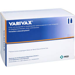 Abbildung: Varivax Pulver und LM z.Her.einer Injektionssuspension Fert.-S.ohne Kanüle 10X0.5 ml, Pulver und Lösungsmittel zur Herstellung einer Injektionssuspension PZN 18132392
