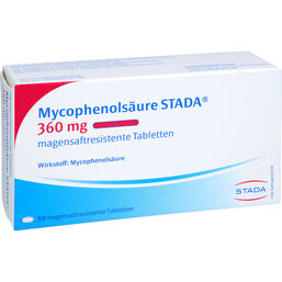 Abbildung: Mycophenolsäure STADA 360 mg magensaftresistent Tabletten 50 St, Tabletten magensaftresistent PZN 18134994
