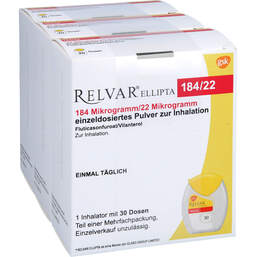 Abbildung: Relvar Ellipta 184 Mikrogramm / 22 Mikrogramm Inh.P. 3X30 St, Inhalationspulver PZN 18139046