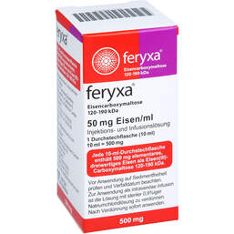 Abbildung: Feryxa 50 mg Eisen / ml Injektion - / Infusionslösung Durchstechflasche 500mg 1X10 ml, Injektions- und Infusionsdispersion PZN 18151774