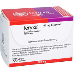 Abbildung: Feryxa 50 mg Eisen / ml Injektion - / Infusionslösung Durchstechflasche 500mg 2X10 ml, Injektions- und Infusionsdispersion PZN 18151780