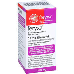 Abbildung: Feryxa 50 mg Eisen / ml 1000mg Injektion - / Infusionslösung Durchstechflasche  1X20 ml, Injektions- und Infusionsdispersion PZN 18151797