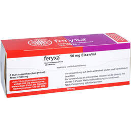 Abbildung: Feryxa 50 mg Eisen / ml Injektion - / Infusionslösung Durchstechflasche 500mg 5X10 ml, Injektions- und Infusionsdispersion PZN 18151805