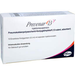 Abbildung: Prevenar 13 Injektionssuspension in einer Fertigspritze 10 St, Injektionssuspension PZN 18157104