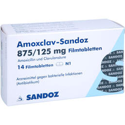 Abbildung: Amoxclav-Sandoz 875 / 125 mg Filmtabletten 14 St, Filmtabletten PZN 18159474