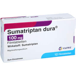 Abbildung: Sumatriptan dura 100 mg Filmtabletten 12 St, Filmtabletten PZN 18196707